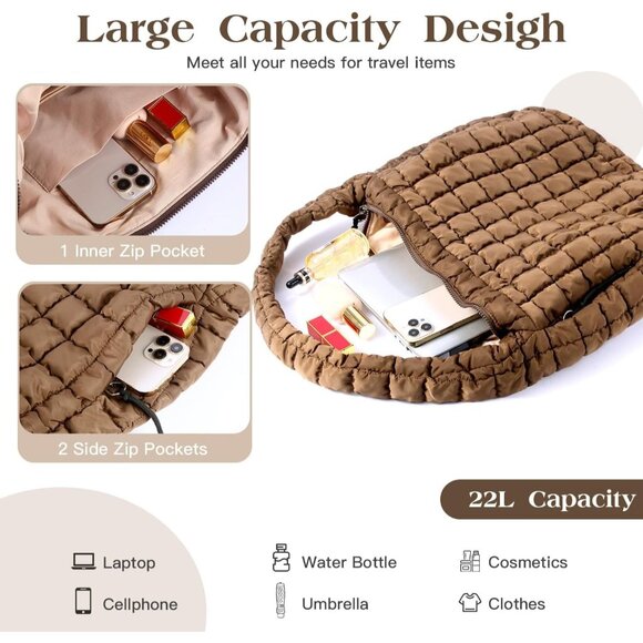 Women's Brown Lightweight Cotton Puffy Quilted Hobo Bag Retro Soft Shoulder Bag - Picture 4 of 7